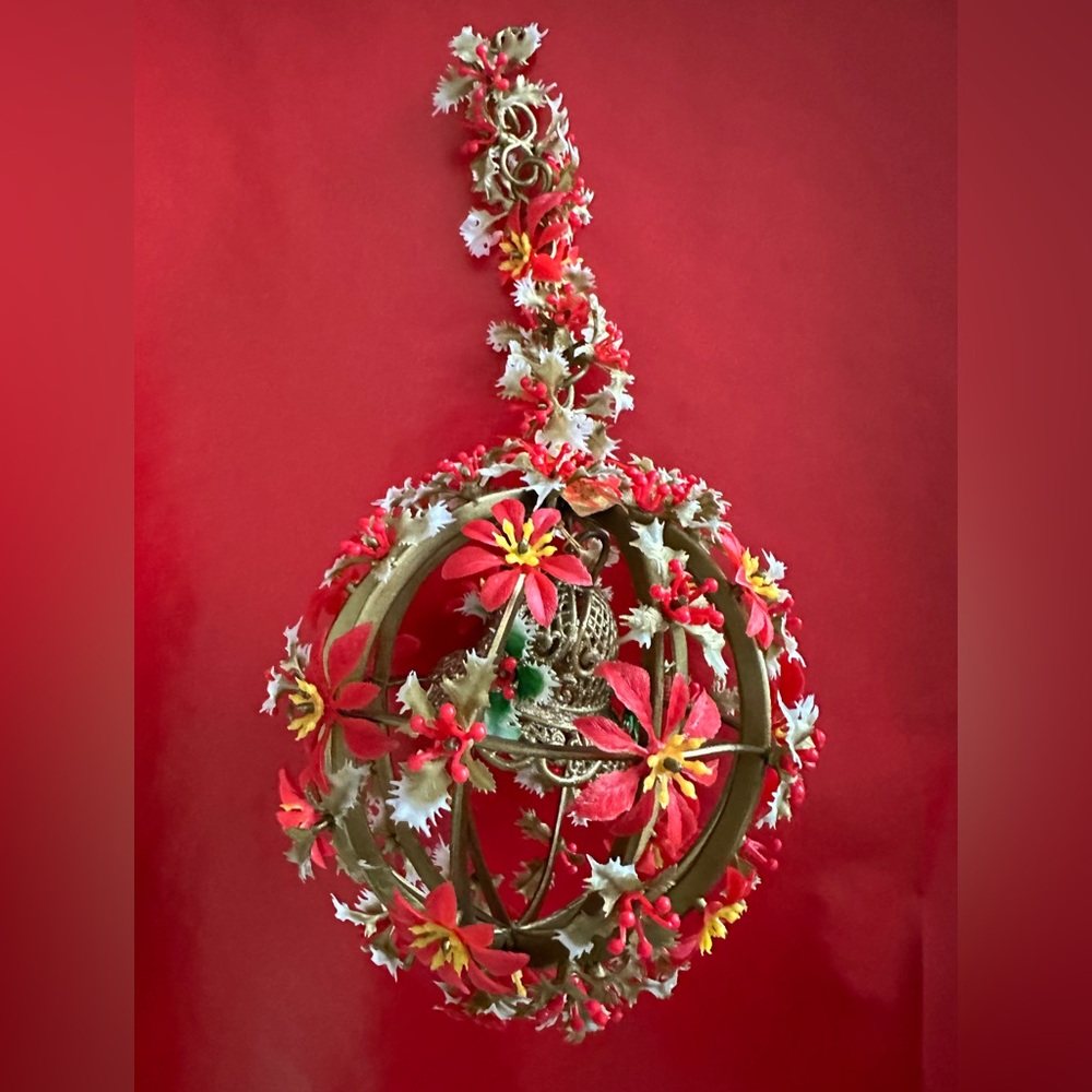Set of 2 Bell Balls VINTAGE Mistletoe and Poinsettia Kissing Christmas